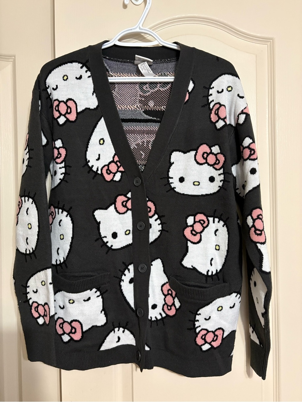 Hello Kitty Dark Charcoal Grey Cardigan with Pink Bows